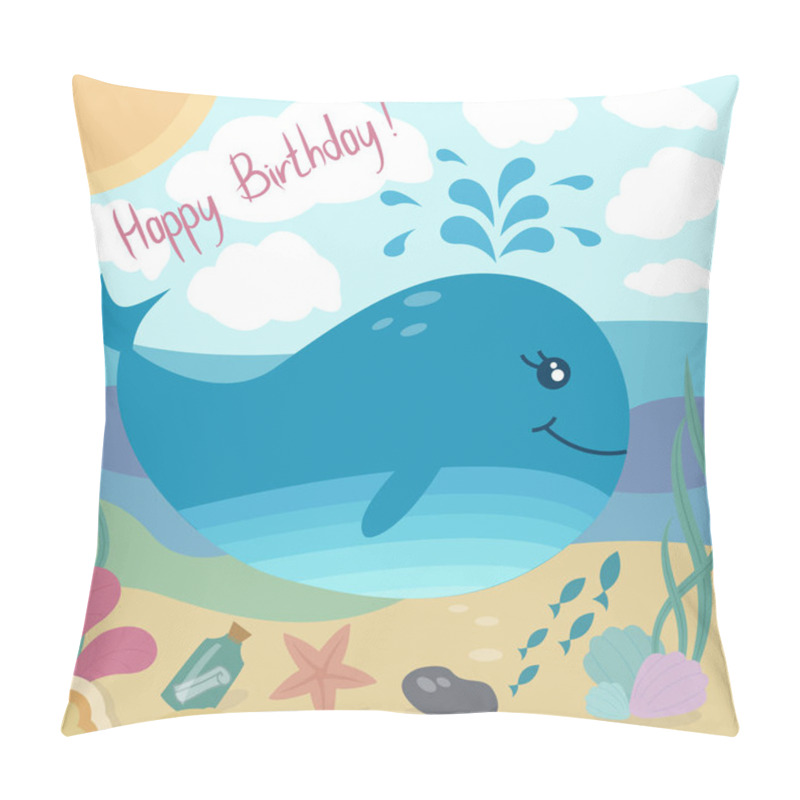 Personality  Happy Birthday  Greeting Card With Cute Whale And Sea Life And Sommer Sky. Vector Illustration In Bright Colors. Cartoon Style. Pillow Covers