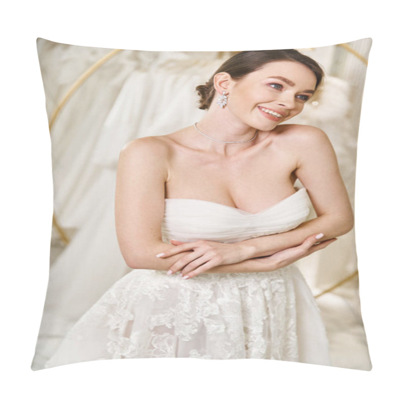 Personality  A Beautiful Young Brunette Bride In A White Wedding Dress Poses Gracefully For A Picture In A Bridal Salon. Pillow Covers