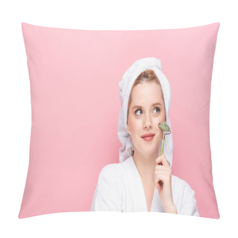 Personality  Dreamy Young Woman In Bathrobe With Towel On Head Using Jade Roller Isolated On Pink Pillow Covers