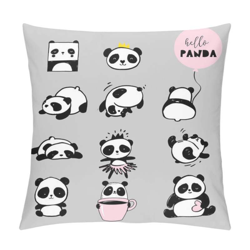 Personality  Cute Panda Bear Illustrations, Collection Of Vector Hand Drawn Elements, Black And White Icons Pillow Covers