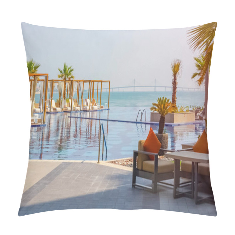 Personality  Beautiful Luxurious Pool On The Resort Overlooking The Sea And The Bridge. Modern Design, White Deckchairs, Palm Trees Pillow Covers