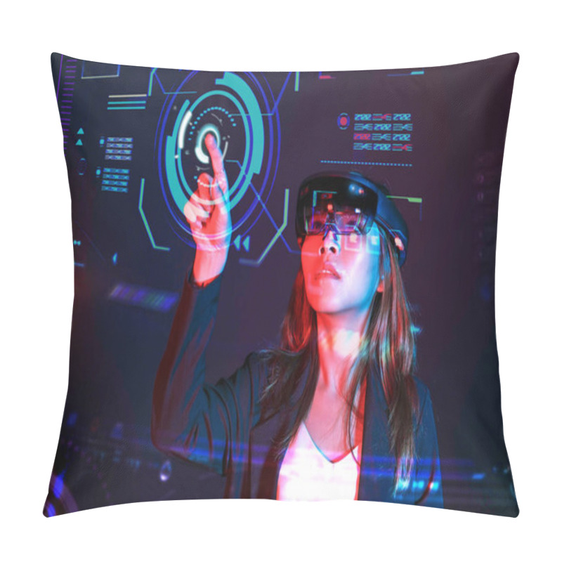 Personality  Young Asian Girl Try Augmented And Virtural Reality Glasses Hololens In The Lab Room. Mixed Reality Future Technology Concept Pillow Covers