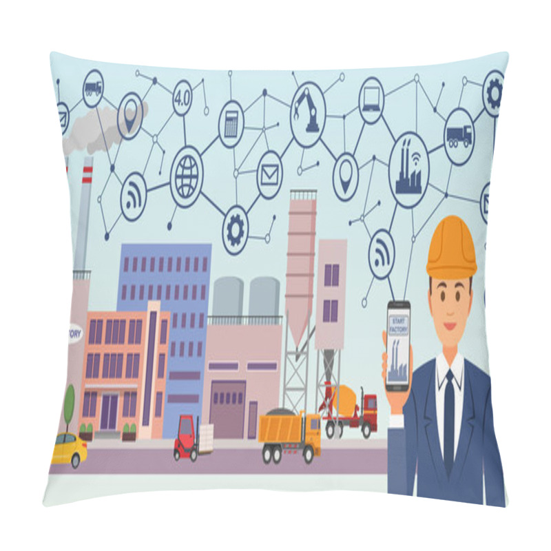 Personality  Modern Digital Factory 4.0. Industry 4.0 Concept Image. Industrial Instruments In The Factory With Cyber And Physical System Icons, Internet. Pillow Covers