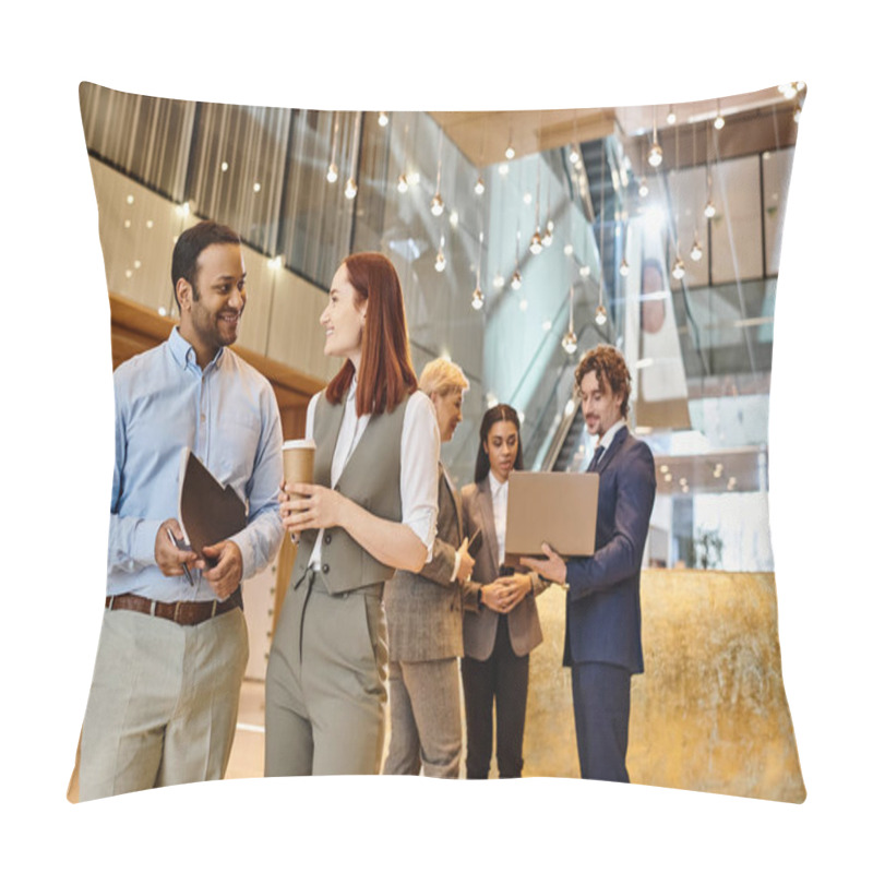 Personality  Business Professionals Of Different Ethnicities Stand In A Lobby Discussing Work. Pillow Covers