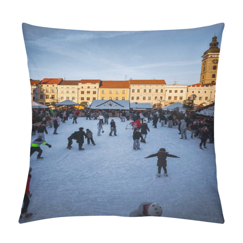 Personality  Ceske Budejovice, Czech Republic - December 21, 2024: People Enjoying Ice Skating At Christmas Market In Historic Premysl Otakar Ii Square In Czechia Pillow Covers