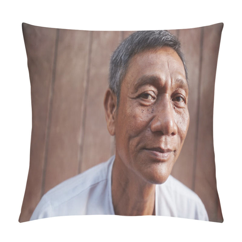 Personality  Asian Old Man Looking At Camera Against Brown Wall Pillow Covers