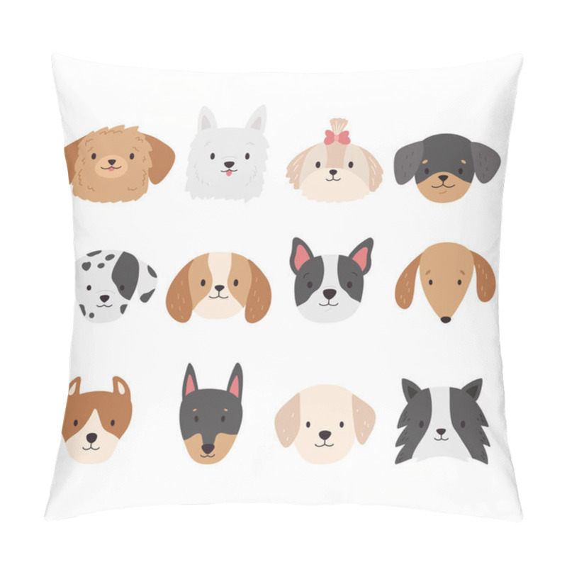 Personality  Set Of Dogs Heads. Puppy Faces Collection. Cartoon Different Breeds Of Dogs. Doodle Pets. Trendy Flat Style. Vector Illustration. Pillow Covers