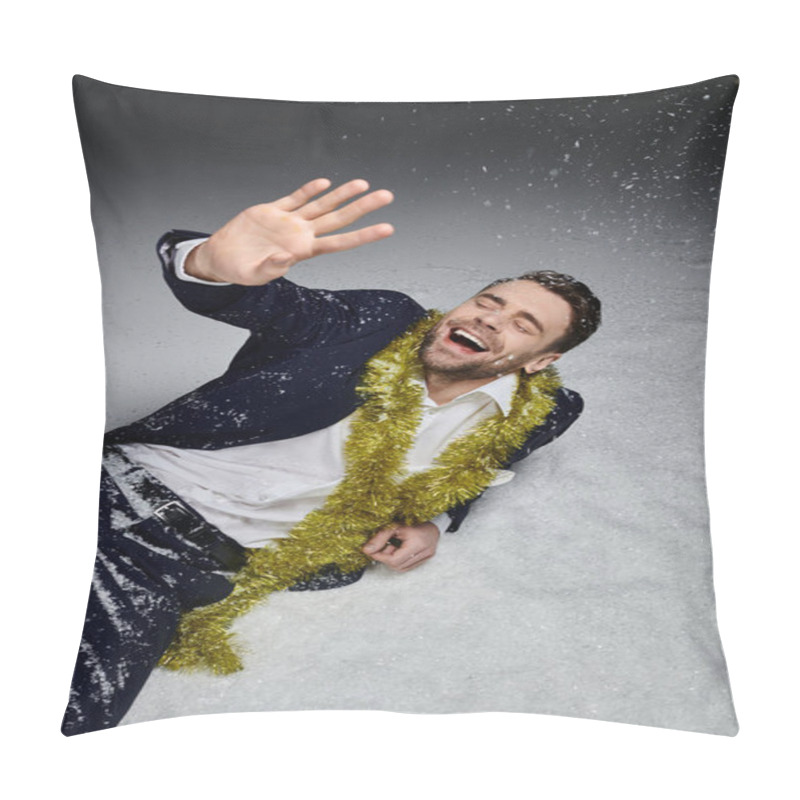 Personality  A Joyful Young Man Dressed In A Suit Surrounded By Snow, Enjoying A Festive Moment. Pillow Covers