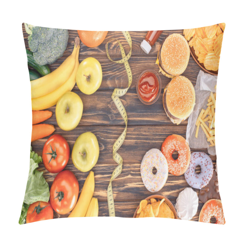 Personality  Top View Of Assorted Junk Food, Fresh Fruits With Vegetables And Measuring Tape On Wooden Table    Pillow Covers