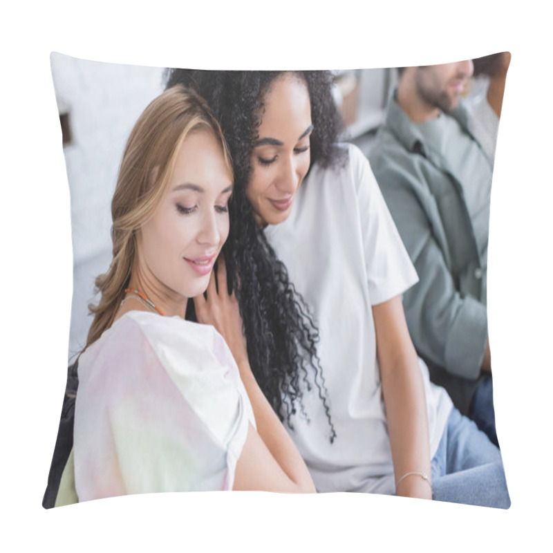 Personality  Cheerful Lesbian Couple Near Blurred Friends  Pillow Covers