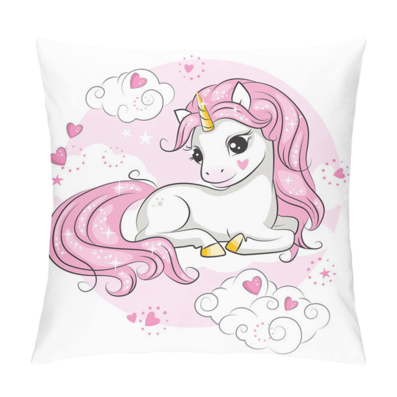 Personality  The Cute Little Unicorn Lies On Its Stomach. Illustration Of The Pink Background. Beautiful Picture For Your Design.  Pillow Covers