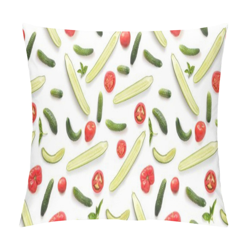 Personality  Seamless Pattern Of Fresh Tomatoes, Cucumbers And Green Basil Isolated On White Background, Top View Pillow Covers