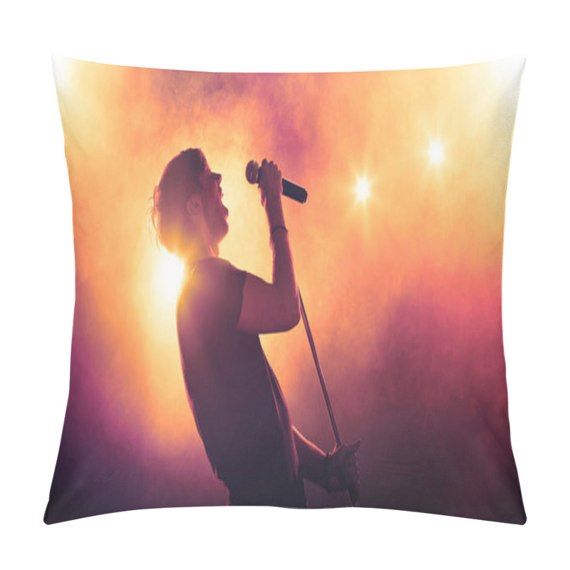 Personality  Silhouette Of A Singer With Microphone In Spotlight. Artist Performing On Stage. Orange Smoky Background Pillow Covers