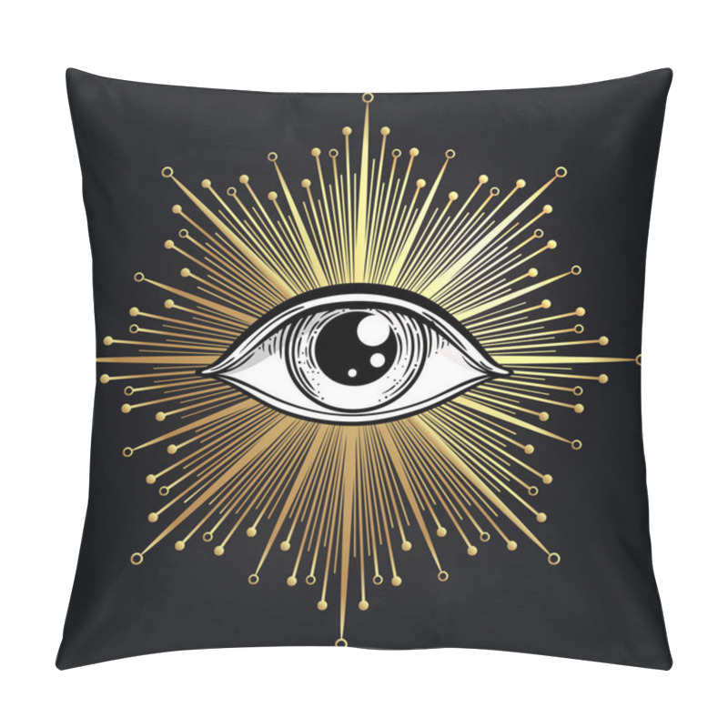 Personality  Blackwork Tattoo Flash. Eye Of Providence. Masonic Symbol. All Seeing Eye Inside Triangle Pyramid. New World Order. Sacred Geometry, Religion, Spirituality, Occultism. Isolated Vector Illustration. Pillow Covers