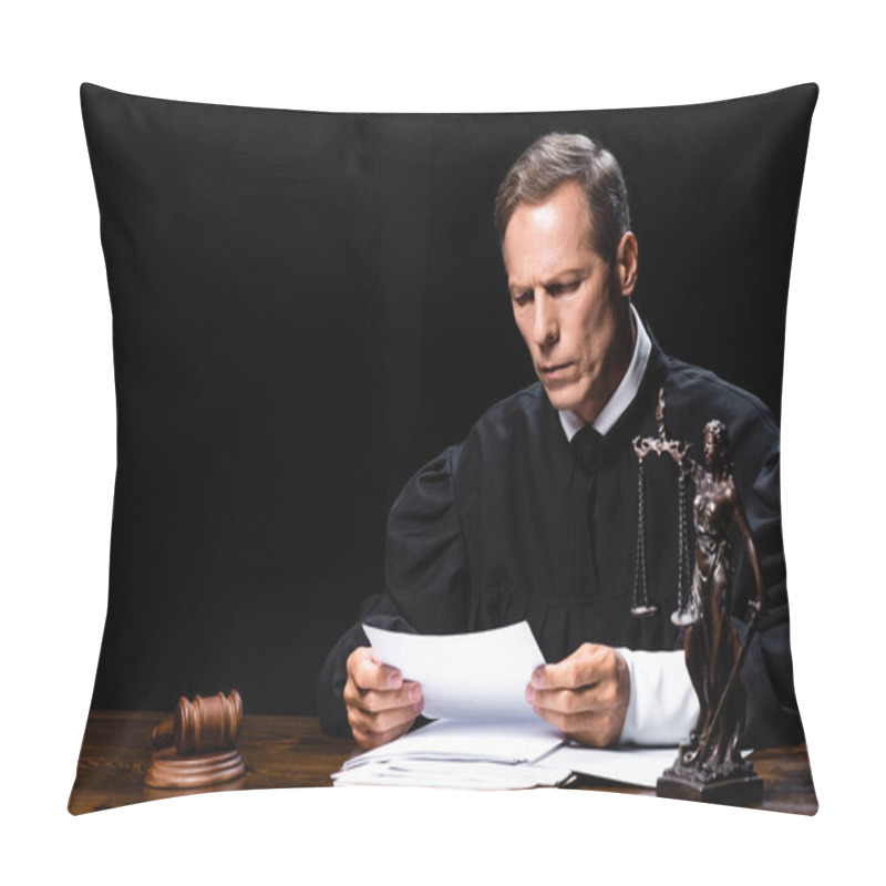 Personality  Judge In Judicial Robe Sitting At Table And Reading Paper Isolated On Black Pillow Covers