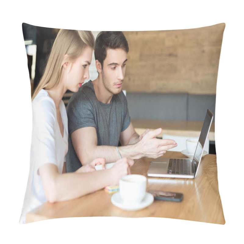 Personality  Couple Working On Laptop In Cafe Pillow Covers