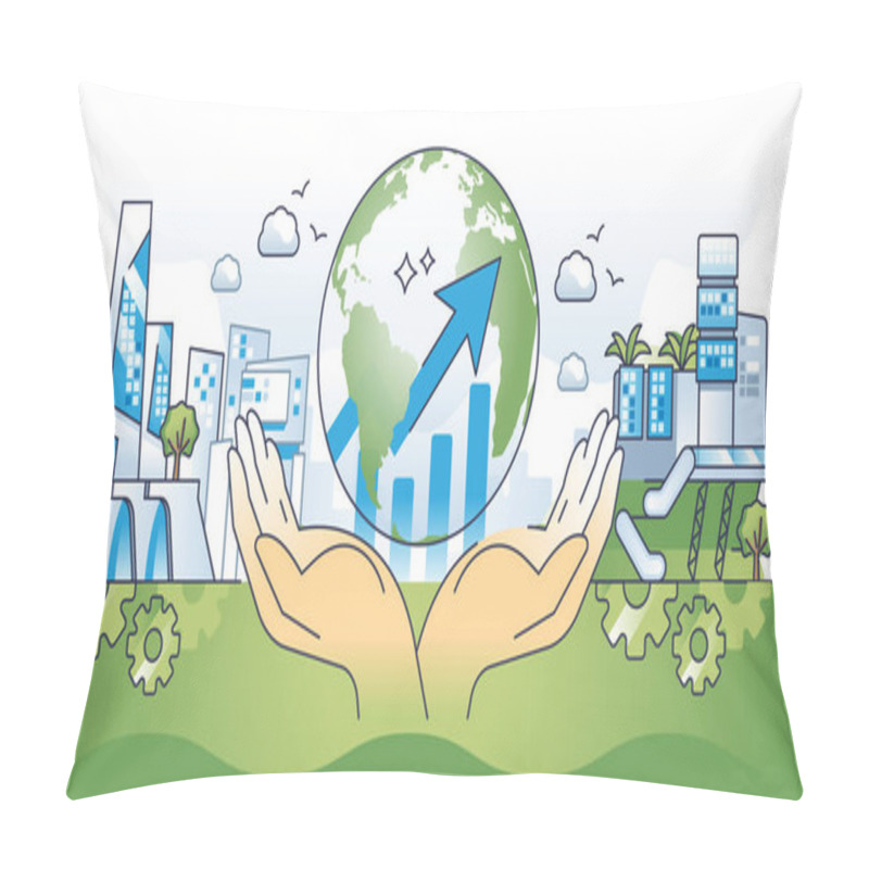 Personality  Global Eco Investment For Sustainable Business Profit Outline Hands Concept. Ecological Finance Funding With Environmental Cause And Green Impact On Climate Saving Practices Vector Illustration. Pillow Covers