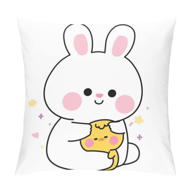 Personality  Cute Rabbit Bunny Doll Hug Tiny Chicken With Heart And Star.Rodent And Farm Bird Animal Character Cartoon Design.Image For Sticker,baby Clothing,stationary.Kawaii.Vector.Illustration. Pillow Covers