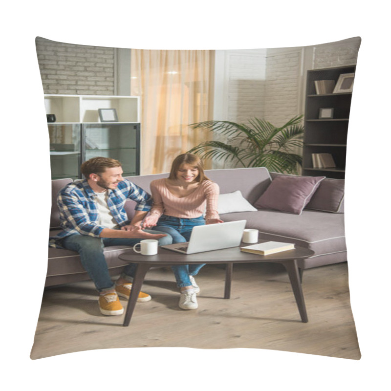 Personality  Front View Of Smiling Couple On Couch Using Laptop In Cozy Living Room Pillow Covers