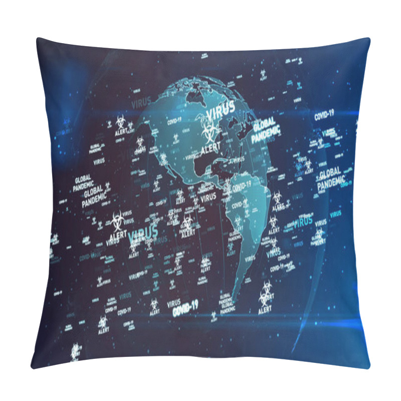 Personality  Covid-19 Virus Global Pandemic Alert Flying Keywords 3d Illustration. Abstract Concept Background Of Medical Technology. Pillow Covers