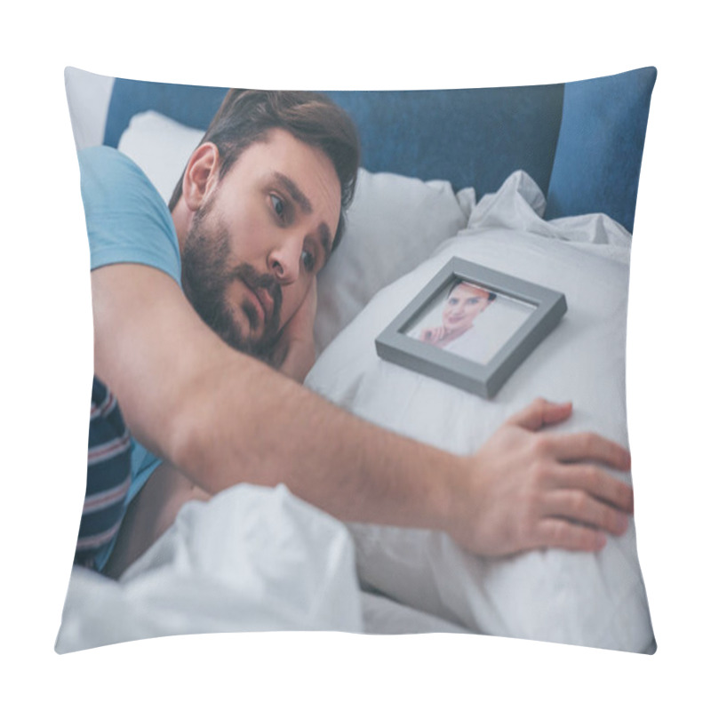 Personality  Man Lying In Bed And Grieving Near Picture Of Woman On Pillow At Home Pillow Covers