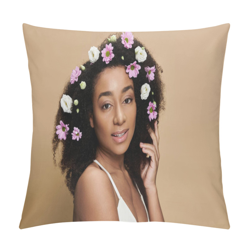 Personality  A Stunning African American Woman With Natural Makeup And Flowers In Her Hair Poses Against A Beige Background. Pillow Covers