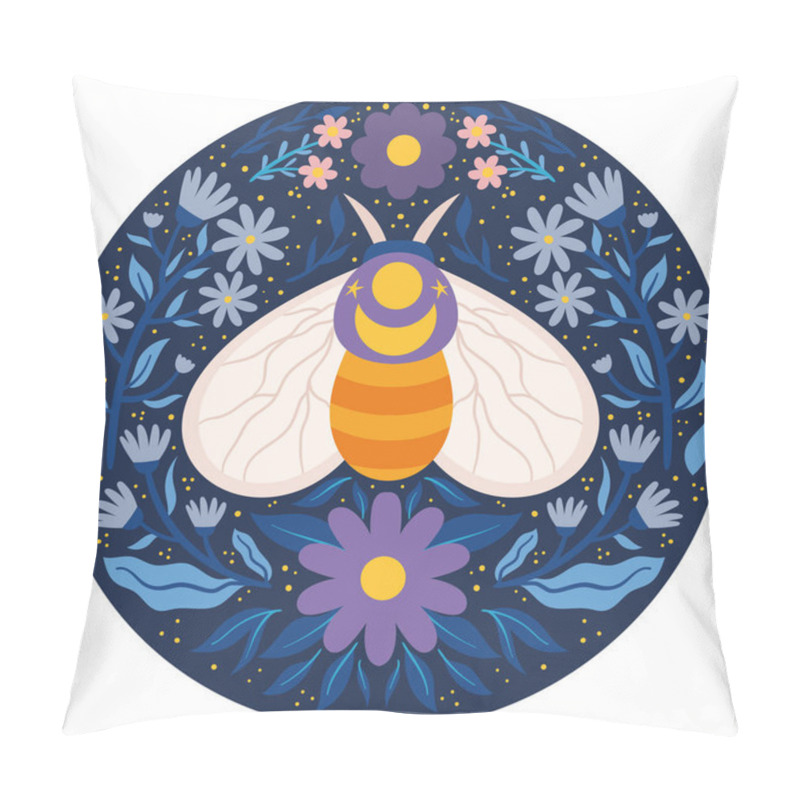 Personality  Whimsical Moth With Floral And Celestial Elements. Decorative Moth Illustration Surrounded By Flowers And Stars In A Circular Design, Vibrant And Colorful. Pillow Covers