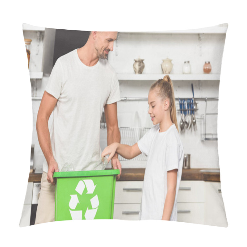 Personality  Father And Daughter Putting Empty Plastic Bottles At Green Recycle Box Together Pillow Covers