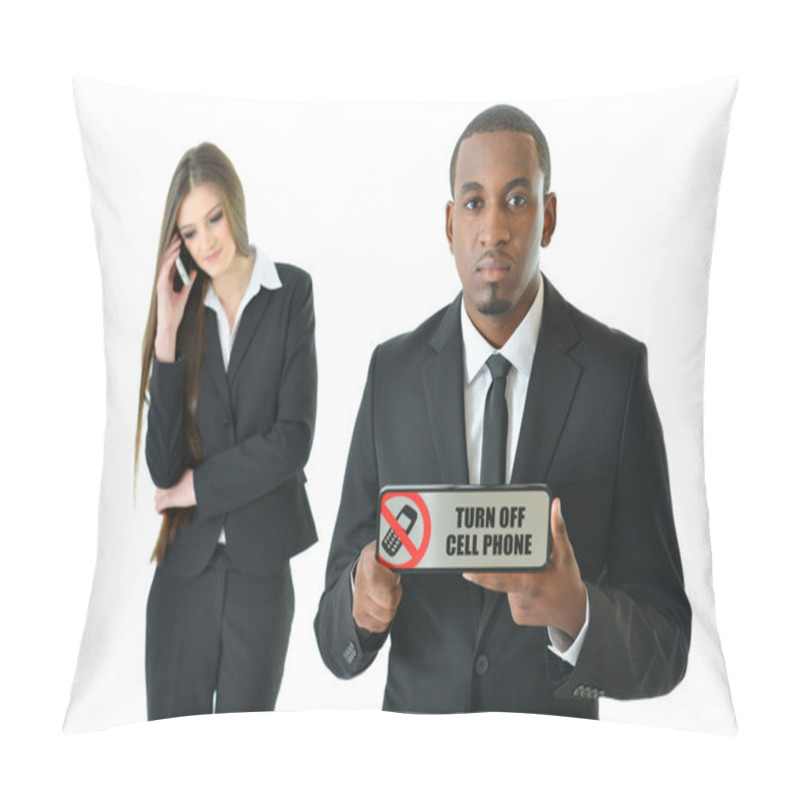 Personality  Business Man Holding Turn Off Cell Phone Sign  With Serious Expression Pillow Covers