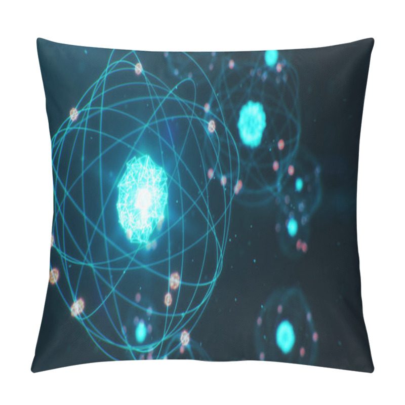 Personality  Abstract Atom Model. Atom Is The Smallest Level Of Matter That Forms Chemical Elements. Glowing Energy Balls. Nuclear Reaction. Concept Nanotechnology. Neutrons And Protons - Nucleus 3D Illustration Pillow Covers