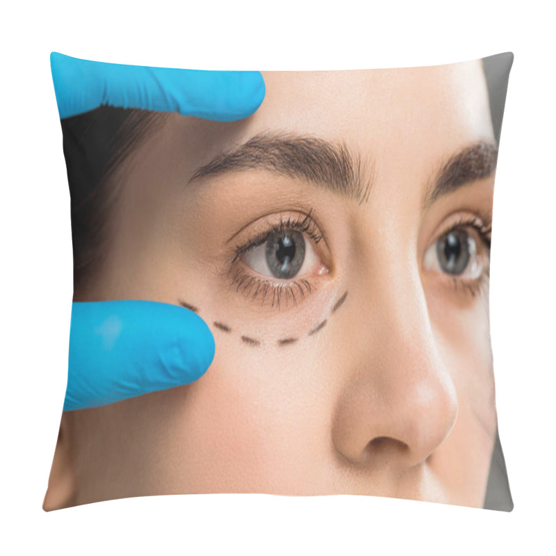 Personality  Cropped View Of Plastic Surgeon In Latex Glove Touching Face Of Woman Isolated On Grey  Pillow Covers