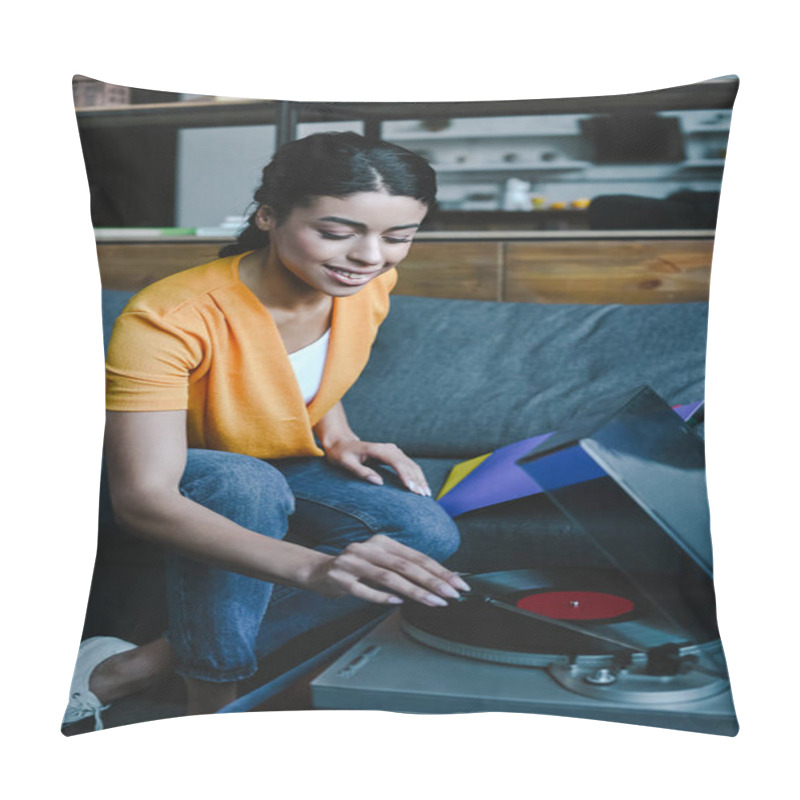 Personality  Smiling Beautiful Mixed Race Girl In Orange Shirt Turning On Gramophone With Retro Vinyl At Home Pillow Covers