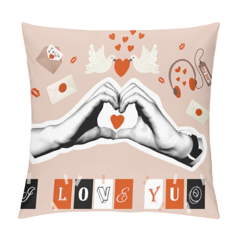 Personality  Romantic Valentine Collage With Hands Forming Heart, Doves, Love Letters, Headphones, And I Love You Text In Creative And Modern Design With Warm Tones. Vector Mix Media Greeting Card Pillow Covers