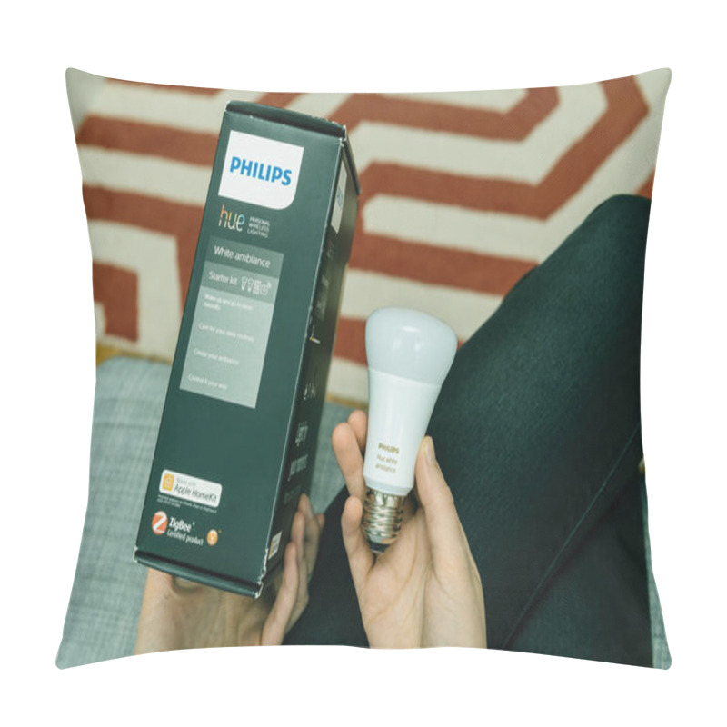 Personality  Paris, France - Aug 16, 2020: A Close-up Of The Philips Hue White Ambiance Starter Kit Packaging, Featuring A Smart Bulb, Highlighting Its Features For Creating Personalized Lighting Experiences Pillow Covers