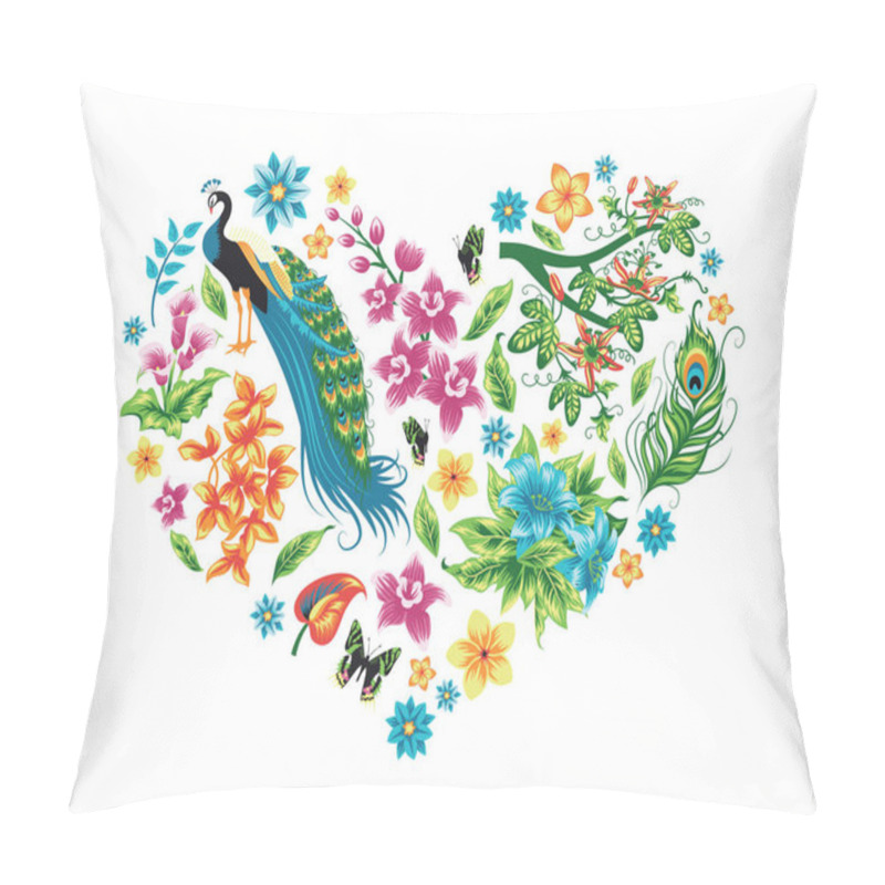 Personality  Heart With Tropical Leaves, Flowers And A Bird.  Pillow Covers