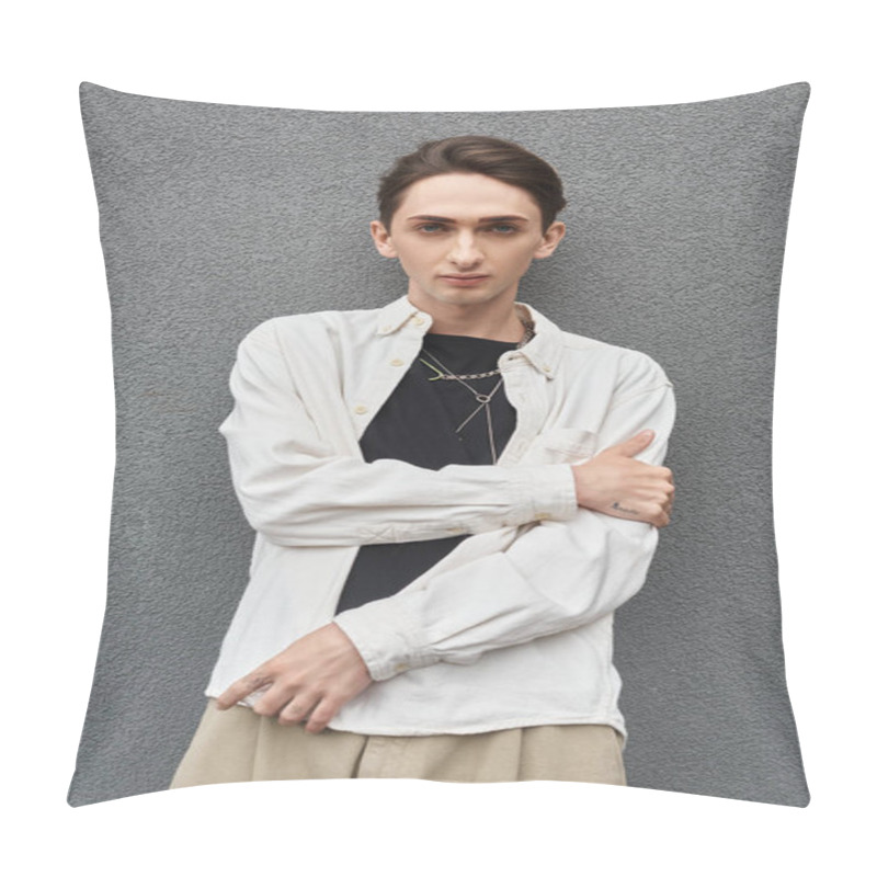 Personality  A Young Queer Person In Stylish Attire, Leaning Against A Wall In A White Shirt, Exuding Confidence And Pride. Pillow Covers