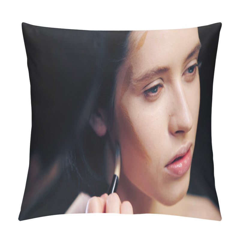 Personality  Blurred Makeup Artist Doing Contouring Face Of Model With Cosmetic Brush Pillow Covers