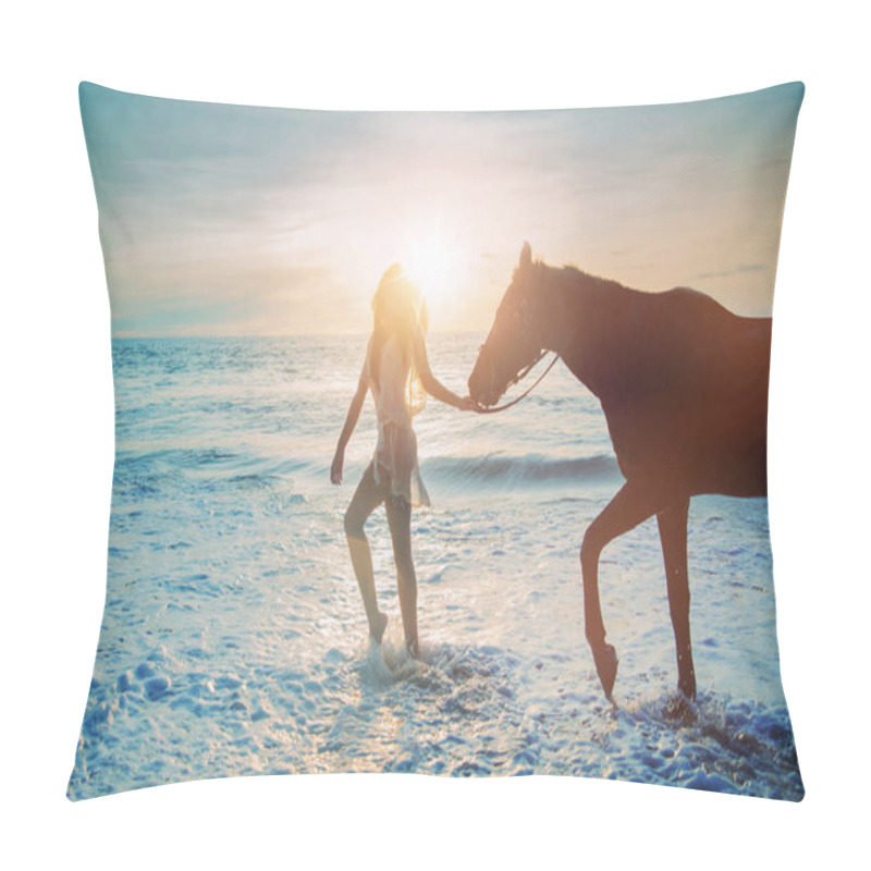 Personality  Pretty Lady Walking With The Majestic Horse Pillow Covers