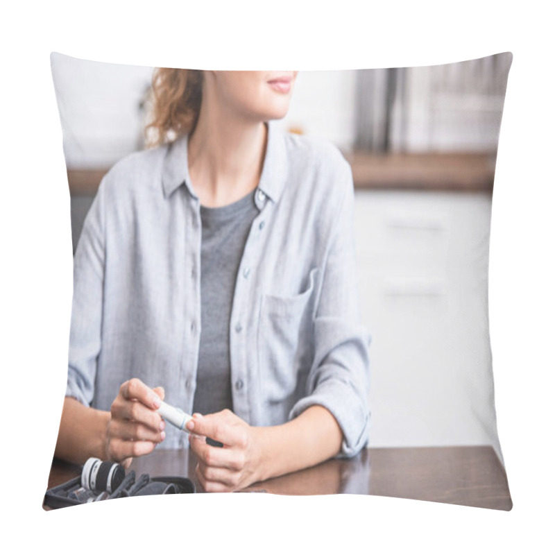 Personality  Cropped View Of Cheerful Woman Holding Blood Lancet  Pillow Covers