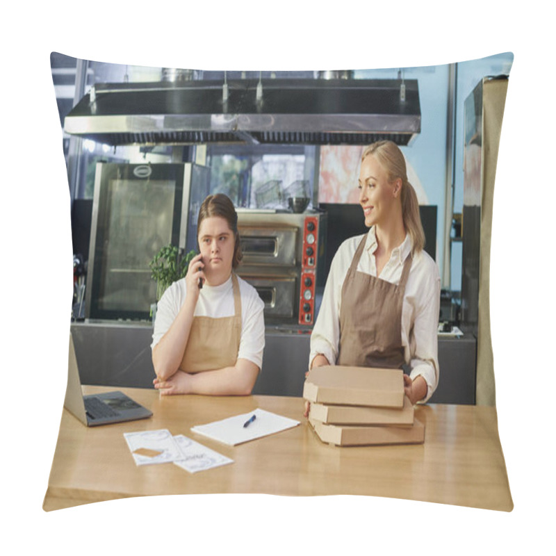 Personality  Young Woman With Down Syndrome Talking On Smartphone Near Laptop And Cafe Manager With Pizza Boxes Pillow Covers