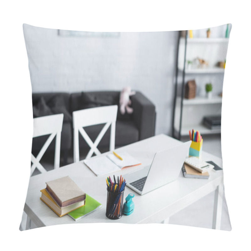 Personality  Selective Focus Of Laptop, Books And Stationery On Table At Home  Pillow Covers