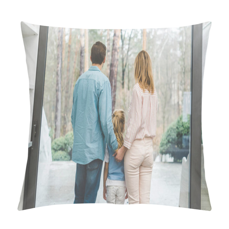 Personality  Back View Of Family Looking Out Window At Home Pillow Covers