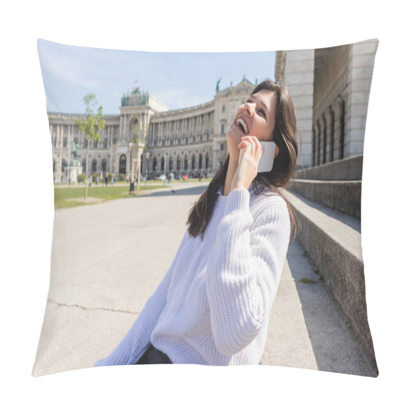 Personality  Brunette Woman Talking On Smartphone While Laughing Outside Pillow Covers