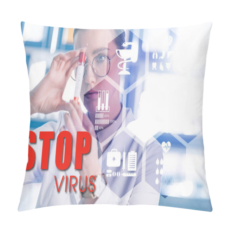 Personality  Selective Focus Of Beautiful Epidemiologist In Glasses Holding Test Tube Near Stop Virus Illustration Pillow Covers