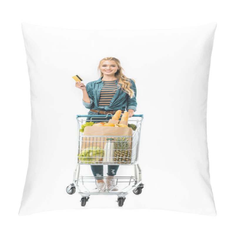 Personality  Cheerful Woman Showing Credit Card And Carrying Shopping Trolley With Products Isolated On White Pillow Covers