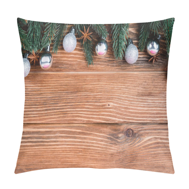 Personality  Top View Of Pine Branches, Baubles And Anise Stars On Brown Wooden Background, New Year Concept Pillow Covers