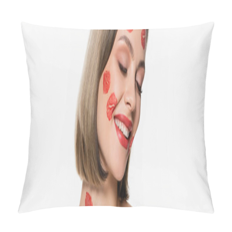 Personality  Pleased Young Woman With Red Kiss Prints On Cheeks And Body Smiling Isolated On White, Banner Pillow Covers