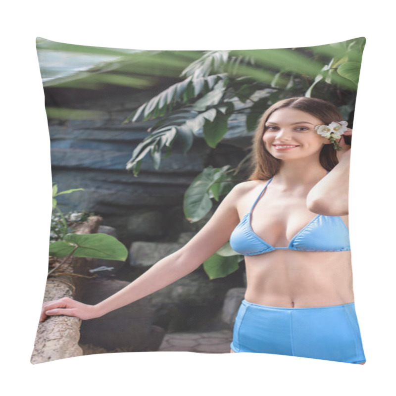 Personality  Attractive Young Woman In Blue Bikini With Flower In Hair Posing In Tropical Garden Pillow Covers