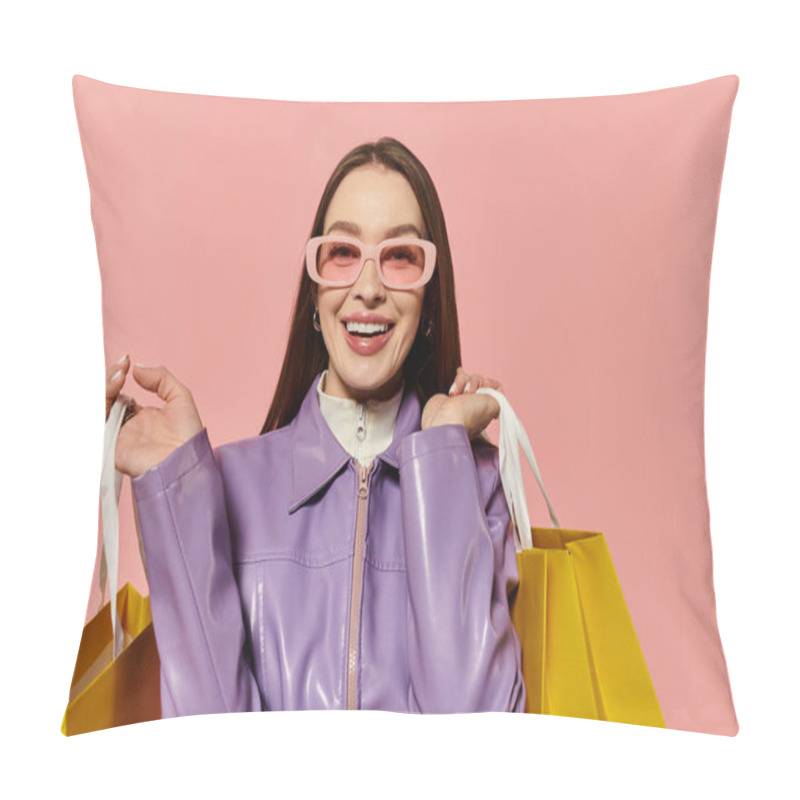 Personality  A Stylish Woman With A Cheerful Smile Enjoys A Shopping Spree, Holding Bright Yellow Bags. Pillow Covers