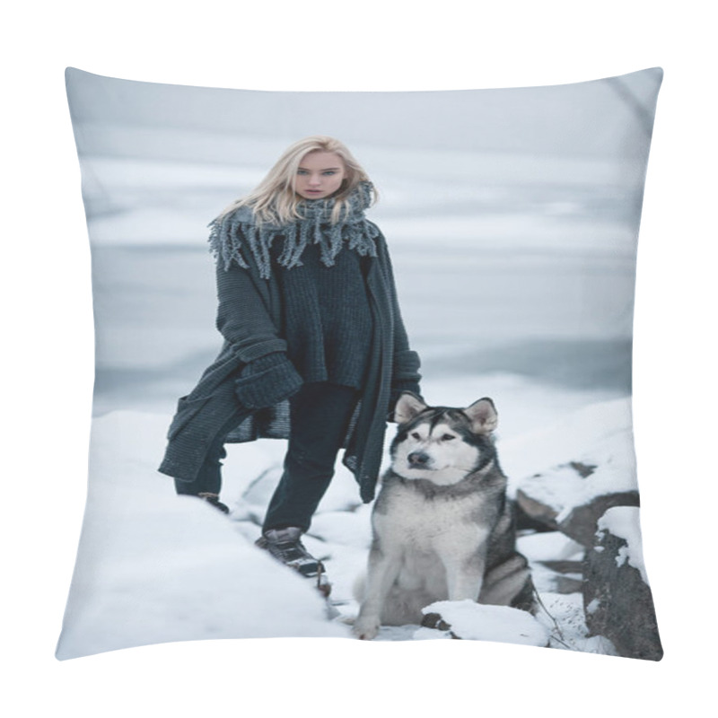 Personality  Girl With Dog Malamute Among Rocks In Winter.  Pillow Covers